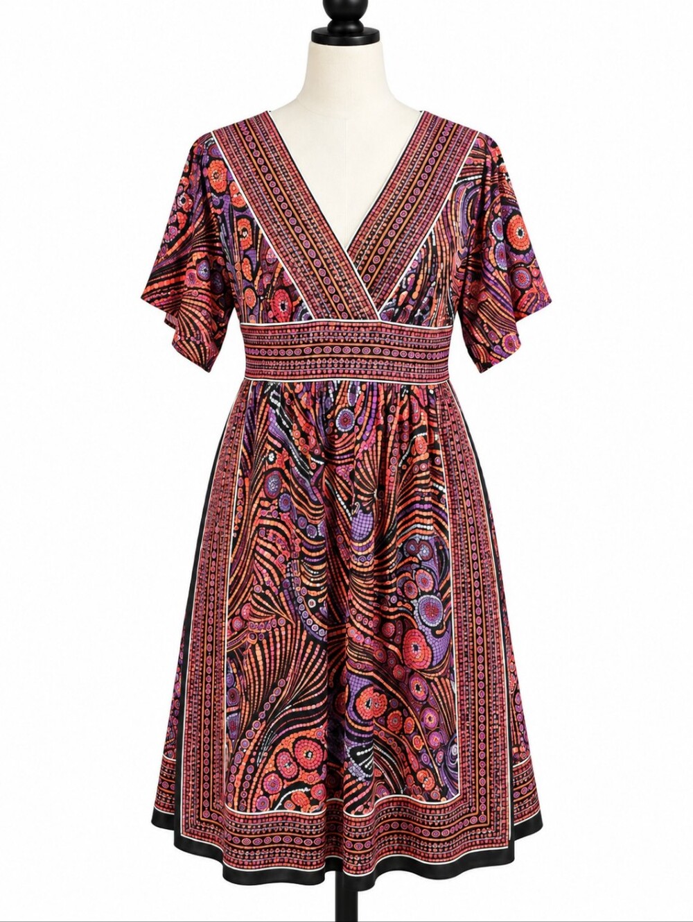 London Times Size 8 Paisley Border Print Fit Flare Dress Pockets